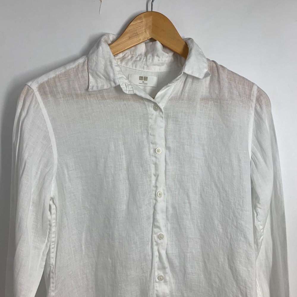 Uniqlo Premium Linen Shirt Womens XS White Long Sleeve Button Down Blouse - Picture 3 of 14
